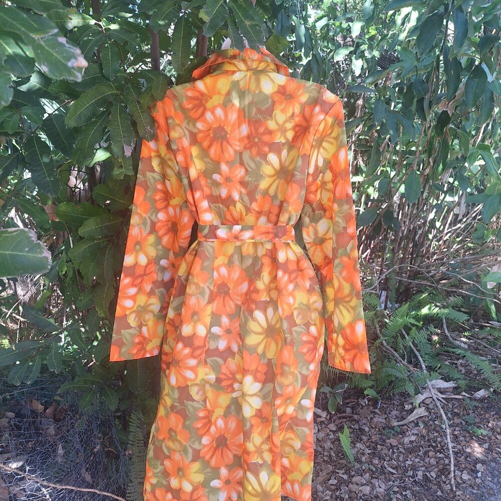 Vintage Aqua-Sheen Raincoat L Belted Orange Floral Hawaiian Aloha - Picture 4 of 5